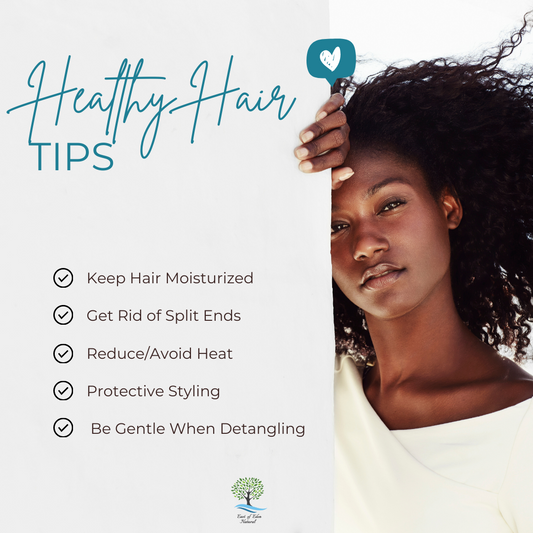 Healthy Hair Tips for stronger healthy kinky curly hair. Cut of split ends, avoid heat, protective hair styles, detangle with the right tool like a wide tool comb